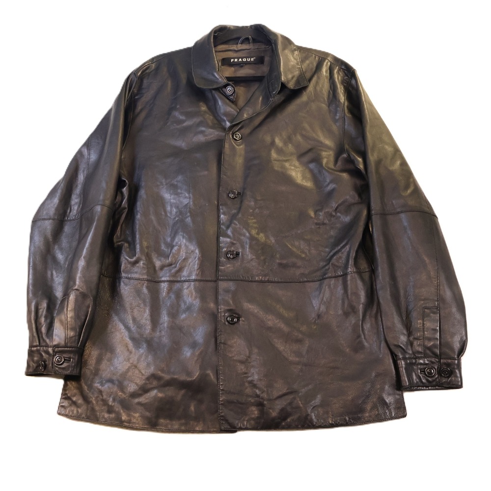 Prague Mens Large Leather Car Coat Black Button Front Mid Length Jacket 01ZA2713
